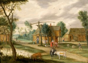 Paysage de village avec une femme puisant de l
